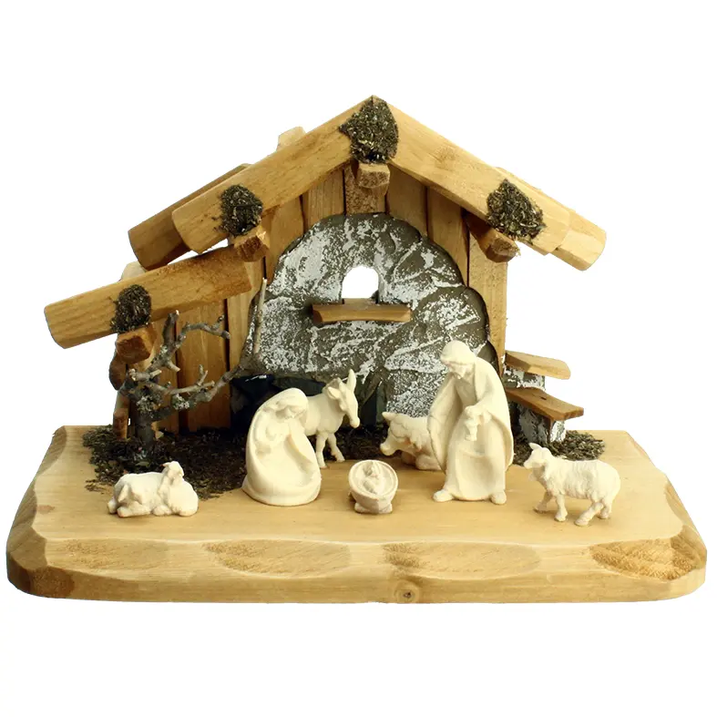Stal met H.Familie/os/ezel/2 schapen - H 6cm/hout/natuur (240x130x160mm)