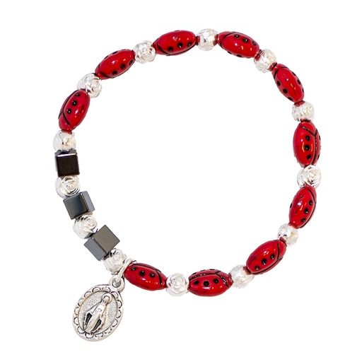 [ARM-35MT804] Bracelet enfant avec coccinelles/hématite - elastique (9x6mm)