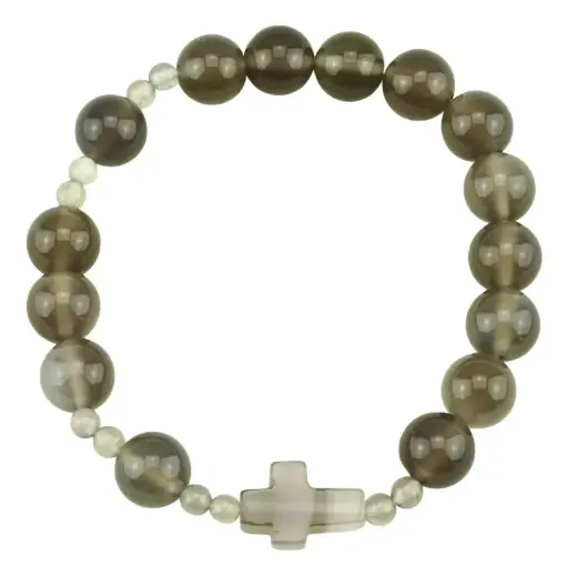[ARM-72BC1908] Bracelet/élastique - perles et croix en pierre naturel agath (Ø10mm)
