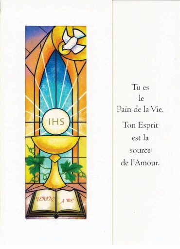 [CRT-18VET111] Carte vitrail/double - cello+envel.- Communion 'Tu es le pain...' (110x150mm)