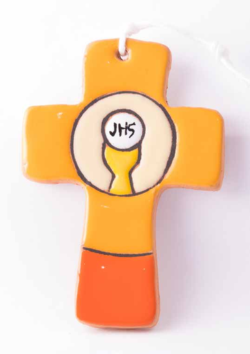 [GIR-82CC5] CROIX EN CERAMIQUE ARTISANALE JSH ORANGE 9.5CM