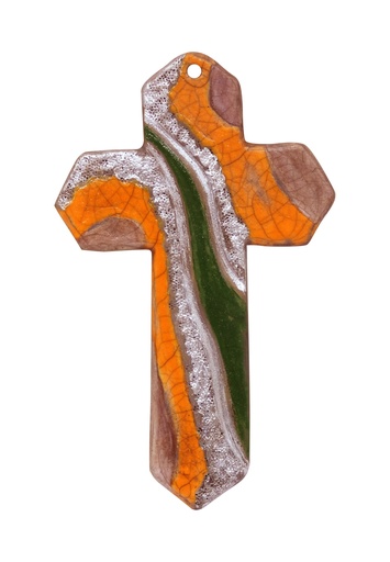 [GIR-82RAC 2] CROIX CERAMIQUE RAKU ORANGE 14*9 CM