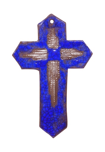 [GIR-82RAC 3] CROIX CERAMIQUE RAKU BLEU FONCE 14*9 CM