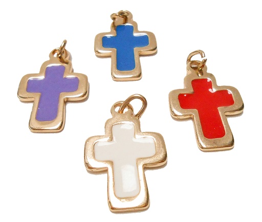[HKM-89PZ12BL] Croix pendentif doré/résine bleue - 28x17mm