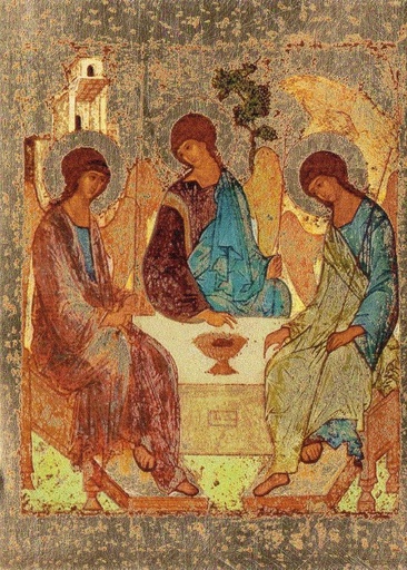 [IKO-35S3TRI] Ikoon zeefdruk/slagmetaal -H.Drievuldigheid Roublev (140x200mm)