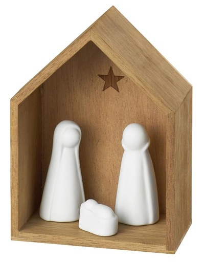 [KGR-95FAM960] Petite crèche de Noël en bois avec Ste Famille en porcelaine - 5,5x12x9cm