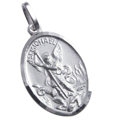 [MDZ-10MIC020] Saint Michel Medal - 925% Rhodium-plated Silver - Oval (16x22mm)