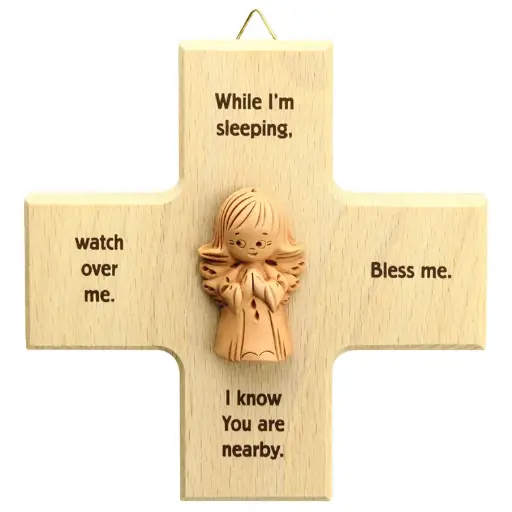 [MKR-01TEN100E] Croix avec ange en terre cuite 'While I'm sleeping' - bois (120x120mm)