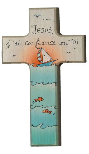 [MKR-01TFR605] Croix murale bateau 'Jésus, j'ai confiance' - hout (90x150mm)