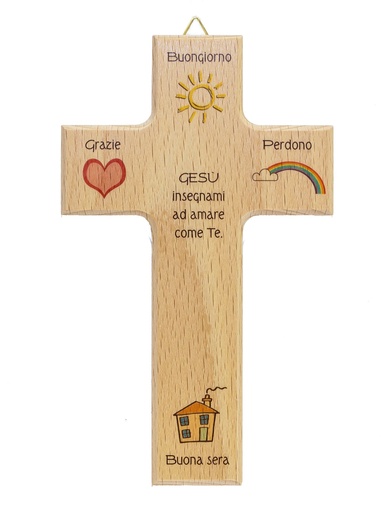 [MKR-01TIT004K] Kinderkruis '4 woorden'/Italiaans - hout (90x150mm)
