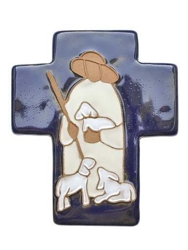 [MKR-02BON1B] Croix céramique - Bon berger - bleu foncé (90x110mm)