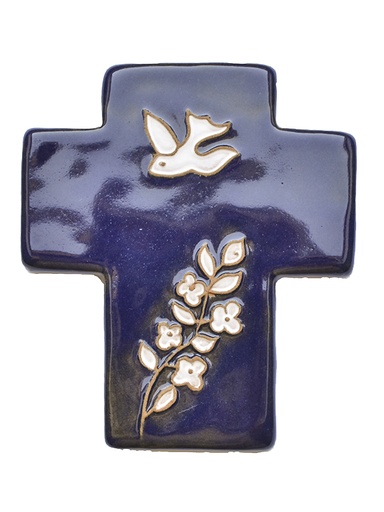 [MKR-02DFL1B] Cross ceramic - Pigeon & flower - dark blu (95x105mm)