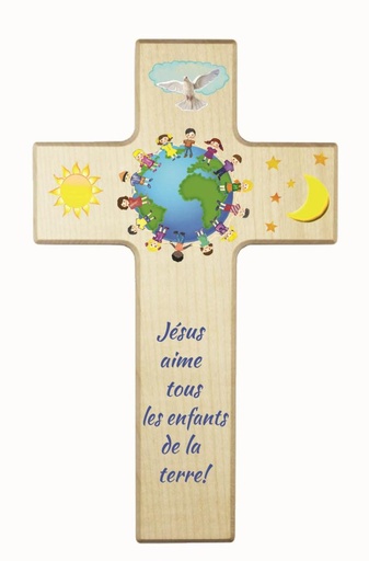 [MKR-41TFR466] Kinderkreuz Holz - 'Jésus aime tous...' (90x150mm)