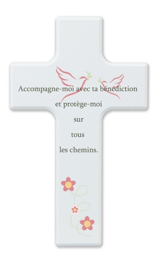 [MKR-41TFR479WT] Holzkreuz, Ahorn weiss - Französisch 'Accompagne..' (90x150mm)