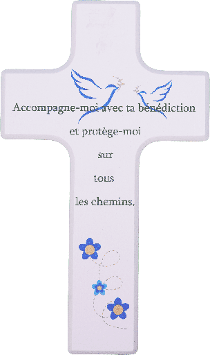 [MKR-41TFR496WT] Kinderkreuz Holz weiss lakiert - Accompagne-moi ... (90x150mm)