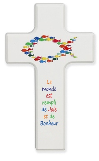 [MKR-41TFR499WT] Kinderkruis hout/wit - 'Le monde est...' (90x150mm)