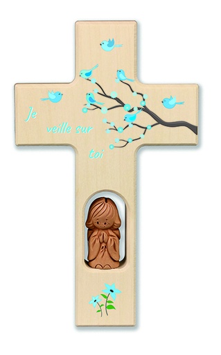 [MKR-41TFR509] Holzkreuz/Engel mit Kristal/Blau - 'Je veille sur toi' (90x150mm)