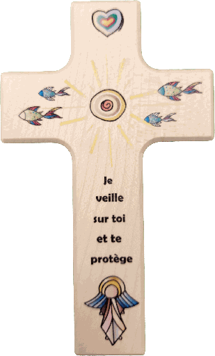 [MKR-41TFR518] Kinderkruisje hout - Zon/vissen/Engel - Je veille sur toi (90x150mm)