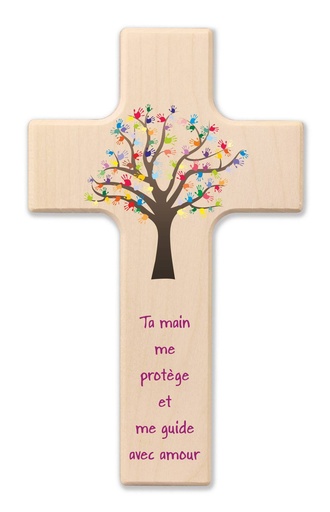 [MKR-41TFR522] Kinderkruis hout - 'Ta main me protège' (90x150mm)