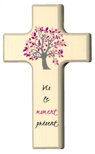 [MKR-41TFR527] Kinderkruis hout/roze - 'Vis le moment présent' (90x150mm)
