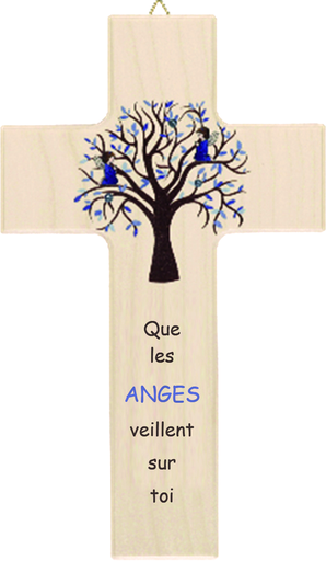 [MKR-41TFR532] Kinderkruis hout/blauw - Levensboom 'Que les anges...' (90x150mm)