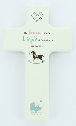 [MKR-41TNL520WT] Croix enfant bois/blanche swarovski - 'Het leven is mooi' (90x150mm)