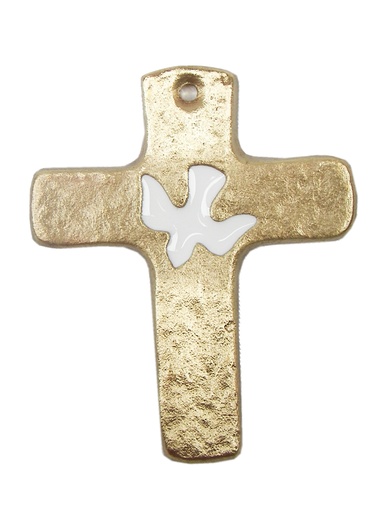 [MKR-56B1816WT] Croix murale bronze - Colombe/emaillé blanc (70x85mm)