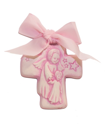 [MKR-56EGBRS] Kruisbeeld kunsthars - Engelbewaarder/roze (75x90mm)