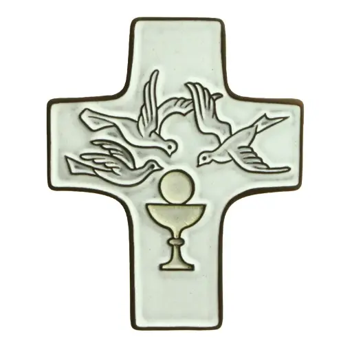 [MKR-58VG13A] Ceramic cross - Calice & 3 colombs - White (95x120mm)