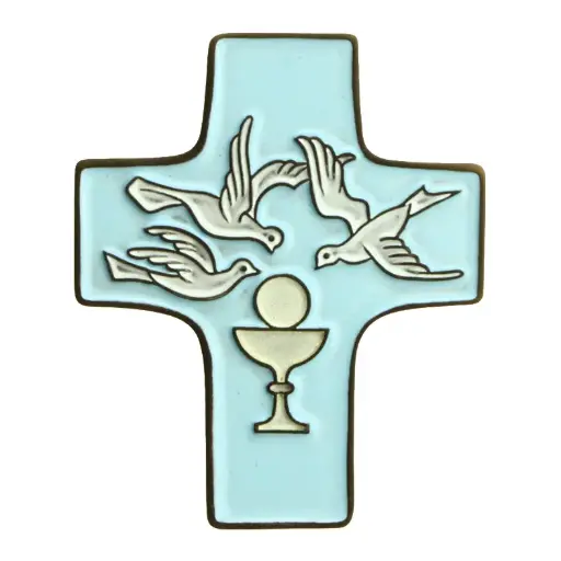 [MKR-58VG13B] Croix  céramique - Calice & 3 colombes - bleu ciel (95x120mm)