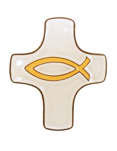 [MKR-58VG150B] Ceramic cross - Ichtus - white/jellow (75x90mm)