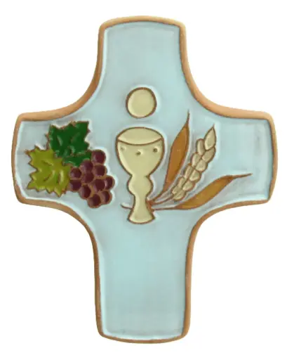 [MKR-58VG151B] Keramik Kreuz - Kelch & 3 Symbole - Blau (75x90mm)