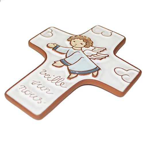 [MKR-58VG71C] Ceramic cross - 'Veille sur nous' - Blue (95x120mm)