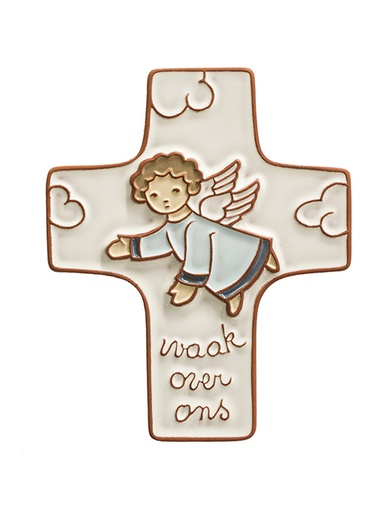 [MKR-58VG72C] Ceramic cross - 'Waak over ons' - Blue (95x120mm)