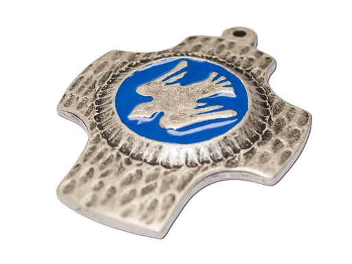 [MKR-89M3ABL] Kruisbeeld metaal - Duif/blauwe emaille (65x75mm)