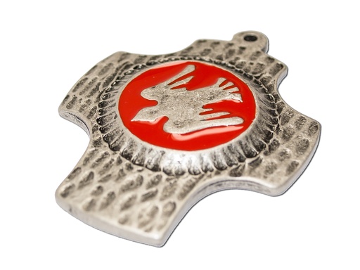 [MKR-89M3ARD] Kruisbeeld metaal - Duif/rode emaille (65x75mm)