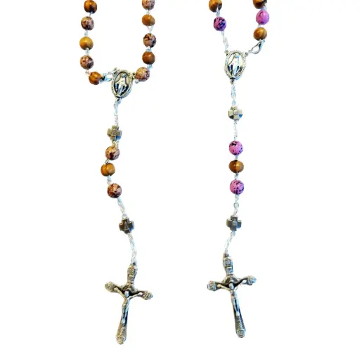 [RZK-35OL825] Chapelet/chaîne - bois d'oliver avec NP imm. marbre assorti