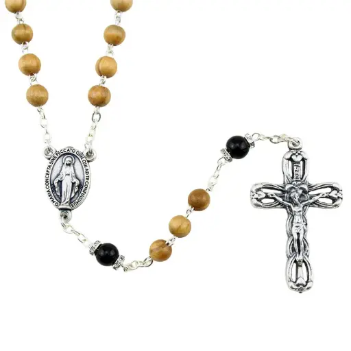 [RZK-35OL827ZW] Rozenkrans - olijfhouten kralen/zwarte OV (⌀ 6mm)