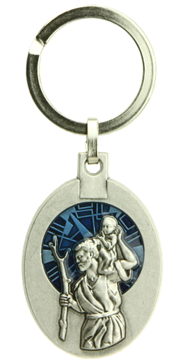 [SLH-45KRI089BL] Sleutelhanger St Kristoffel/oreool- blauw - metaal (55x32mm)