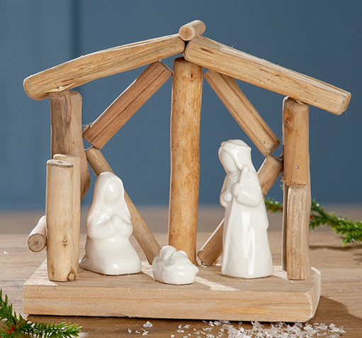 [STL-30KGR322] Holz Krippe mit Hl. Familie/porzelan - 15x15x8cm - sortiert