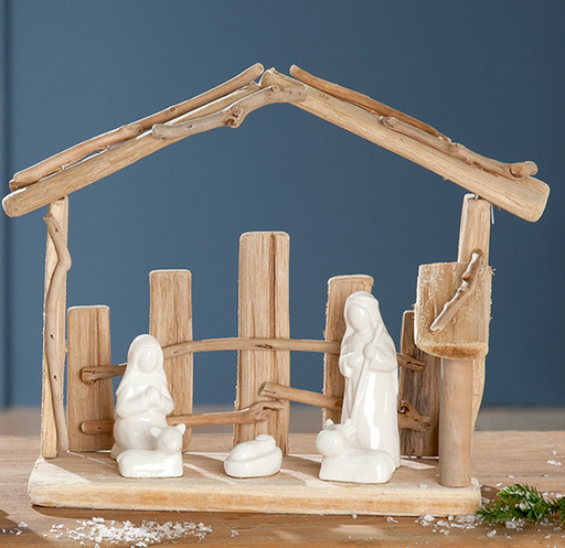 [STL-30KGR325] Holzkrippe mit Hl. Familie/porzelan - 25x23x10cm - sortiert