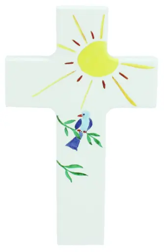 [MKR-01M008WT] Croix en bois/blanche - Soleil/oiseau (90x150mm)