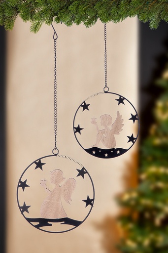 [KST-30M001] Pendentif métal avec ange en bois - H= 18cm