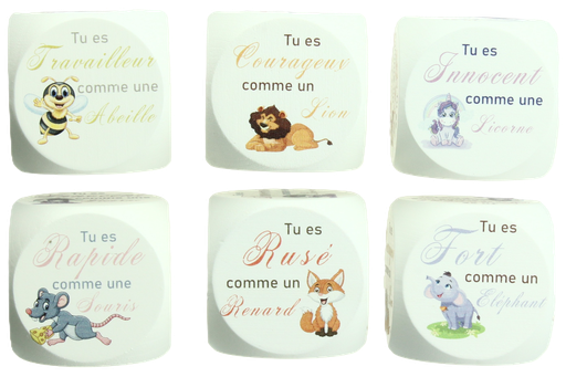 [DBL-41FR07] Prayer dice 'Motivation'- Animals -49mm/white/french