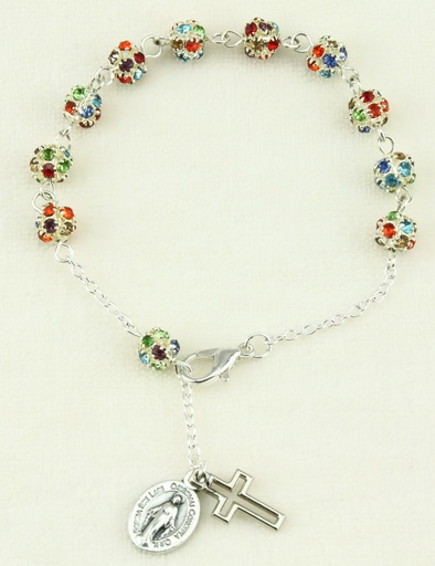 [ARM-55M004] Bracelet argenté avec perle strass - croix et médaille en boîte (Ø6mm)