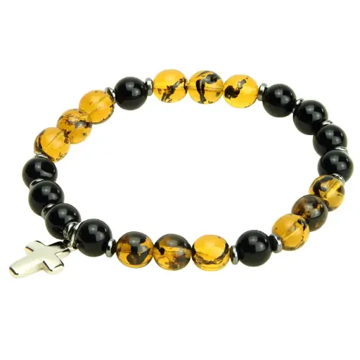 [ARM-35M004AB] Armband - elastisch/kruisje - amber