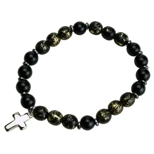 [ARM-35M004ZG] Armband - elastisch/Kreuz/Glasperle - Schwarz/Gold