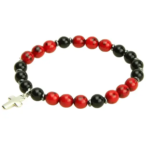 [ARM-35M004RD] Armband - elastisch/Kreuz/Glasperle - rood