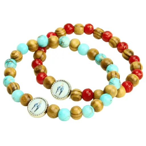 [ARM-35M006] Bracelet - élastique/bois d'olivier + verre/assorti - Vierge