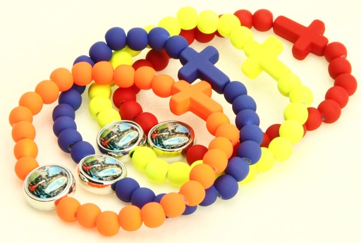 [ARM-35M007LOU] Bracelet - élastique/bois - coul. assorti - Vierge Lourdes